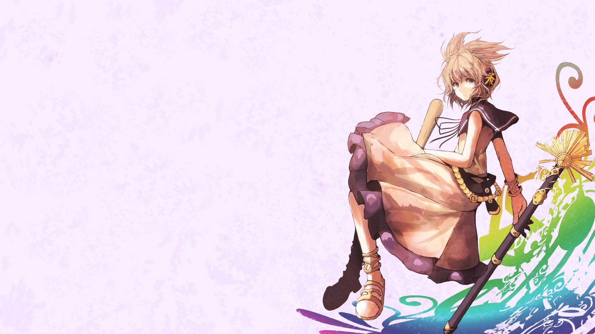HD PC wallpaper of Shou Toramaru (Toyosatomimi no Miko) from Touhou, anime-style, seated with her staff on a soft pastel background.