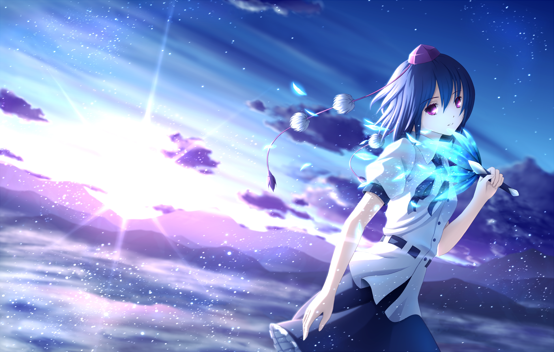 Aya Shameimaru from the anime Touhou is depicted in this HD wallpaper, capturing her dynamic movement against a vibrant, ethereal background of clouds and light.