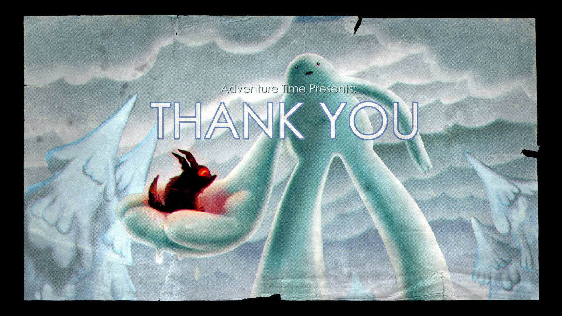 HD PC desktop wallpaper from the TV show Adventure Time featuring a large white creature holding a small red character against a cloudy, ethereal background with Thank You text.