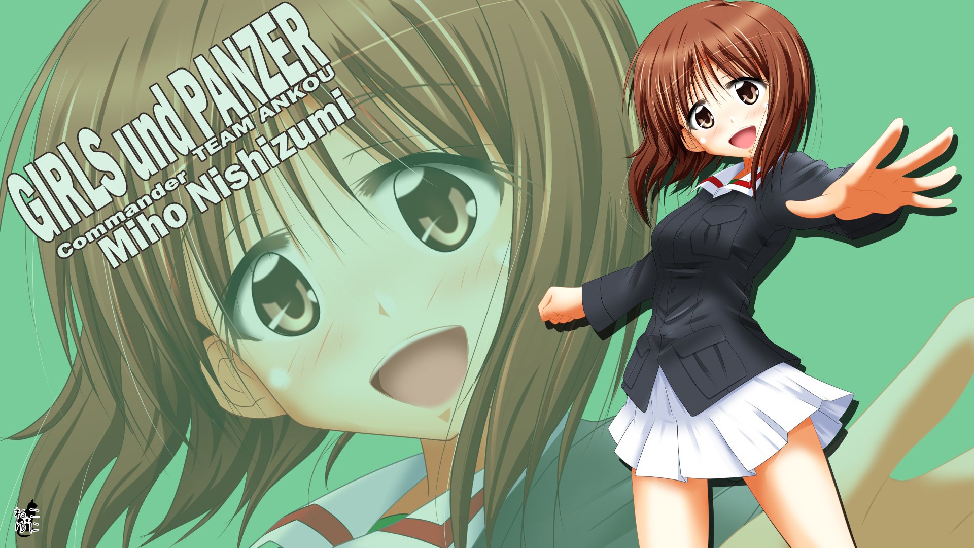HD anime desktop wallpaper featuring Miho Nishizumi from Girls und Panzer in school uniform, with a large faded portrait in the green background.