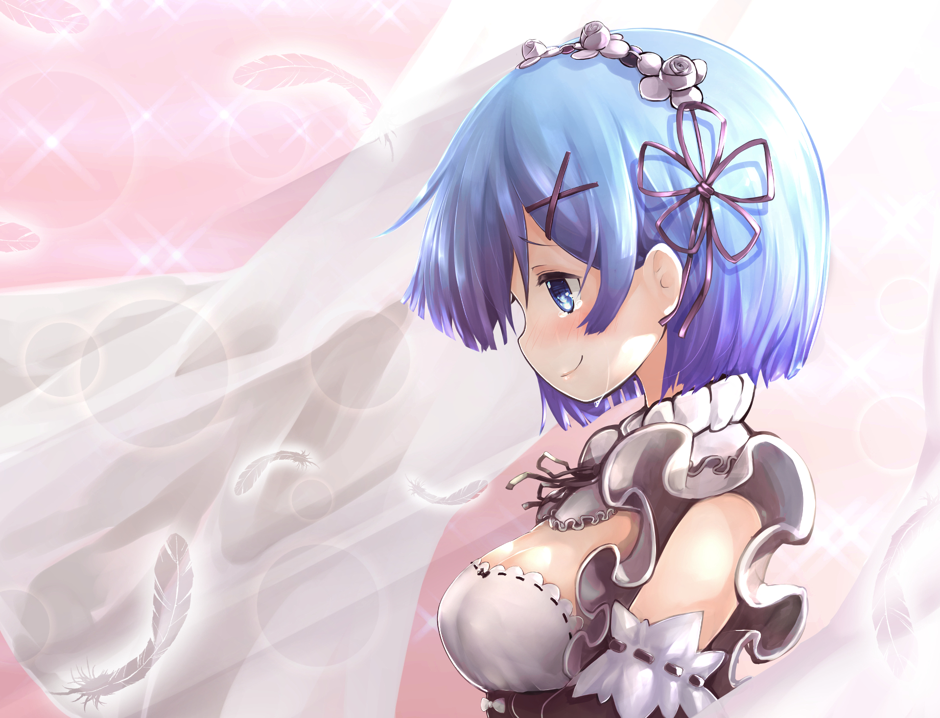 A detailed HD desktop wallpaper featuring Rem from Re:Zero, showcasing her blue hair and eyes, short hairstyle, and maid outfit against a soft pink background.