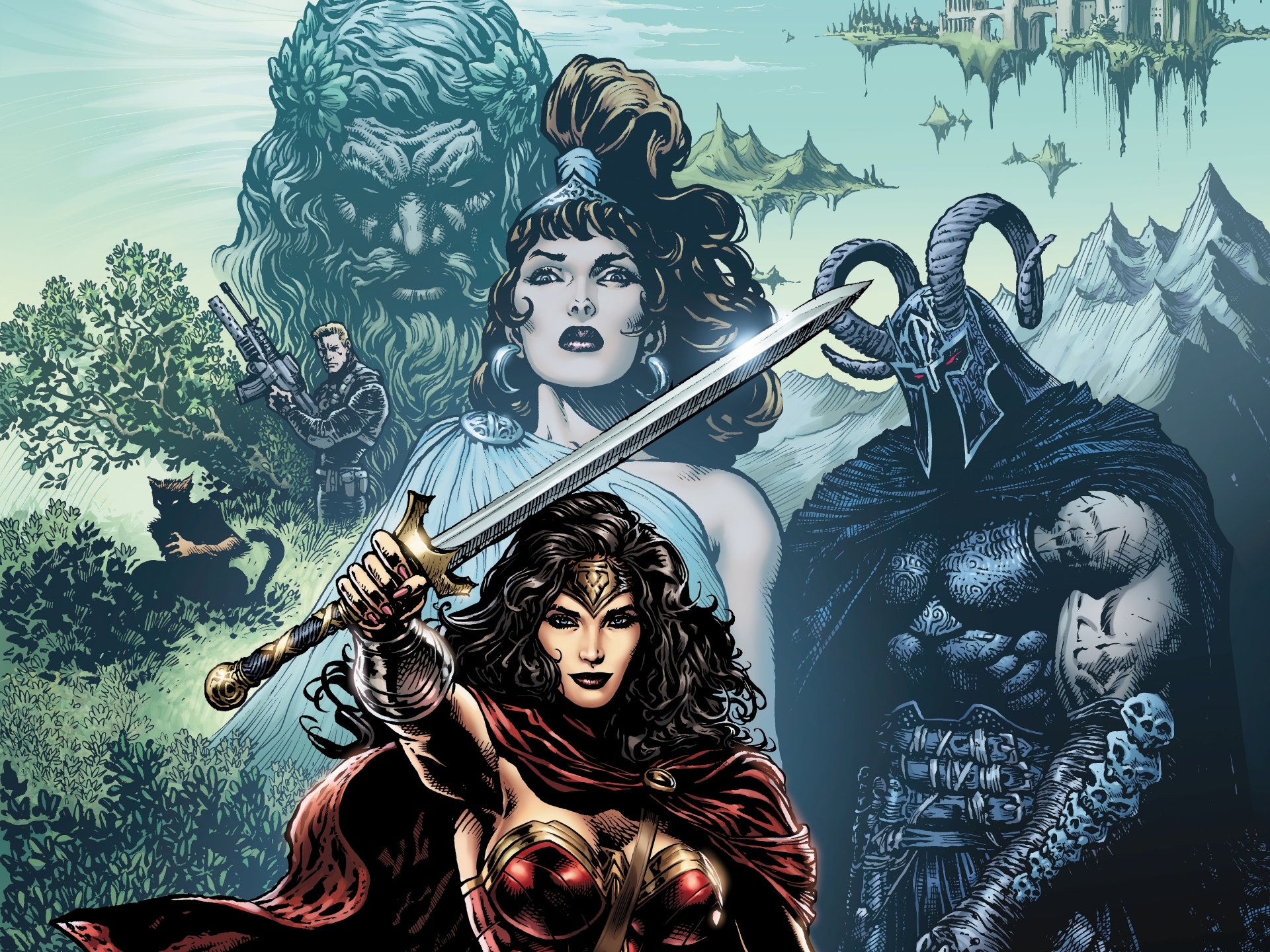 4K Ultra HD comic-style Wonder Woman wallpaper featuring the heroine with sword, a mystical figure, and a horned armored warrior against a fantasy landscape background.