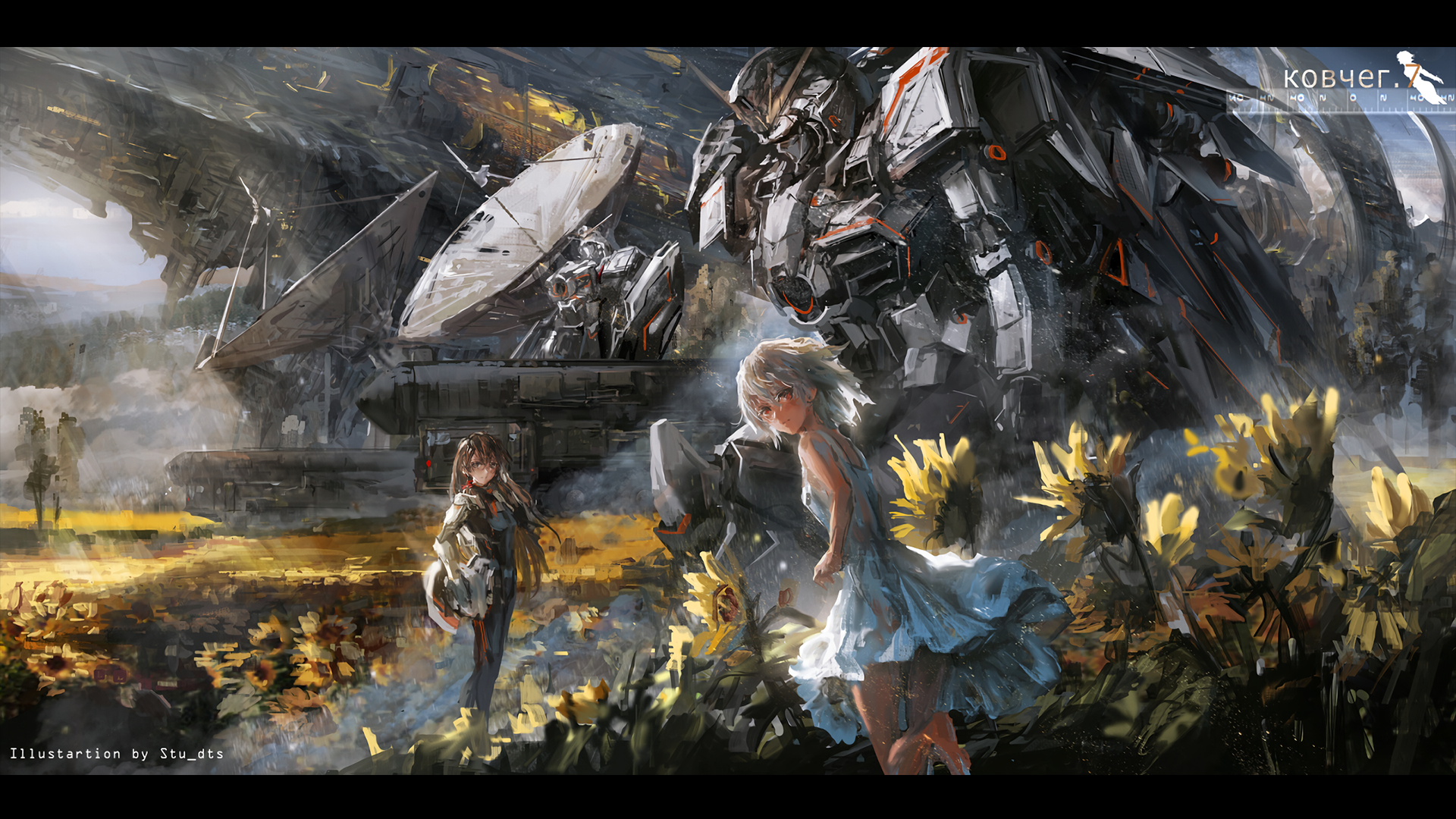 A stunning HD PC desktop wallpaper featuring original anime art, showcasing a futuristic landscape with a giant mech and two figures among vibrant yellow flowers.