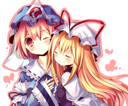 HD anime desktop wallpaper featuring Touhou characters Yukari Yakumo and Yuyuko Saigyouji with soft colors and a gentle, close pose.