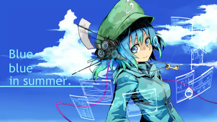 Seiga Kaku (Touhou) anime character: blue hair, green cap and headset, teal hoodie, smiling against a bright blue sky with floating UI panels — HD PC desktop wallpaper/background.