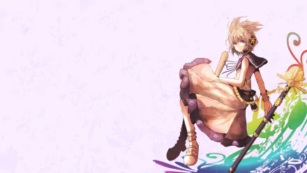 HD PC wallpaper of Shou Toramaru (Toyosatomimi no Miko) from Touhou, anime-style, seated with her staff on a soft pastel background.