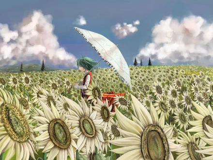 Yuuka Kazami walking through a field of sunflowers, holding an umbrella under a bright sky. This vibrant HD anime wallpaper captures her serene presence in the Touhou universe.