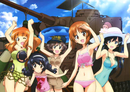HD PC desktop wallpaper featuring anime girls from Girls und Panzer posing happily in swimsuits with a tank in the background under a bright blue sky.