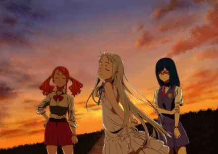 A serene HD desktop wallpaper featuring characters from the anime *Anohana*, set against a vibrant sunset backdrop, capturing emotional moments with soft colors and light.