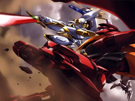HD anime wallpaper from Code Geass featuring dynamic action with mechs battling in a dramatic scene, showcasing vibrant colors and intense motion.