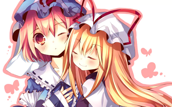 HD anime desktop wallpaper featuring Touhou characters Yukari Yakumo and Yuyuko Saigyouji with soft colors and a gentle, close pose.