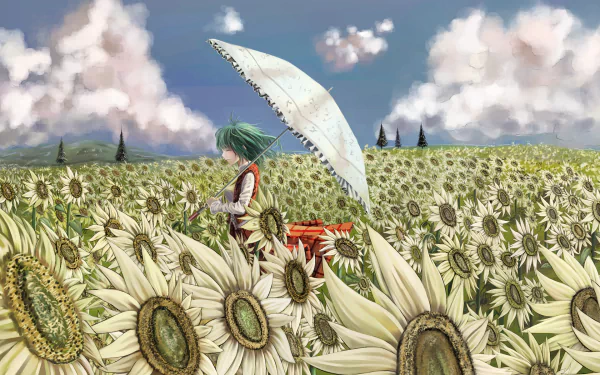 Yuuka Kazami walking through a field of sunflowers, holding an umbrella under a bright sky. This vibrant HD anime wallpaper captures her serene presence in the Touhou universe.