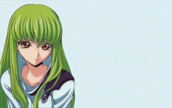 High-definition wallpaper featuring C.C. from Code Geass with striking green hair, conveying her enigmatic character in a minimalist background.