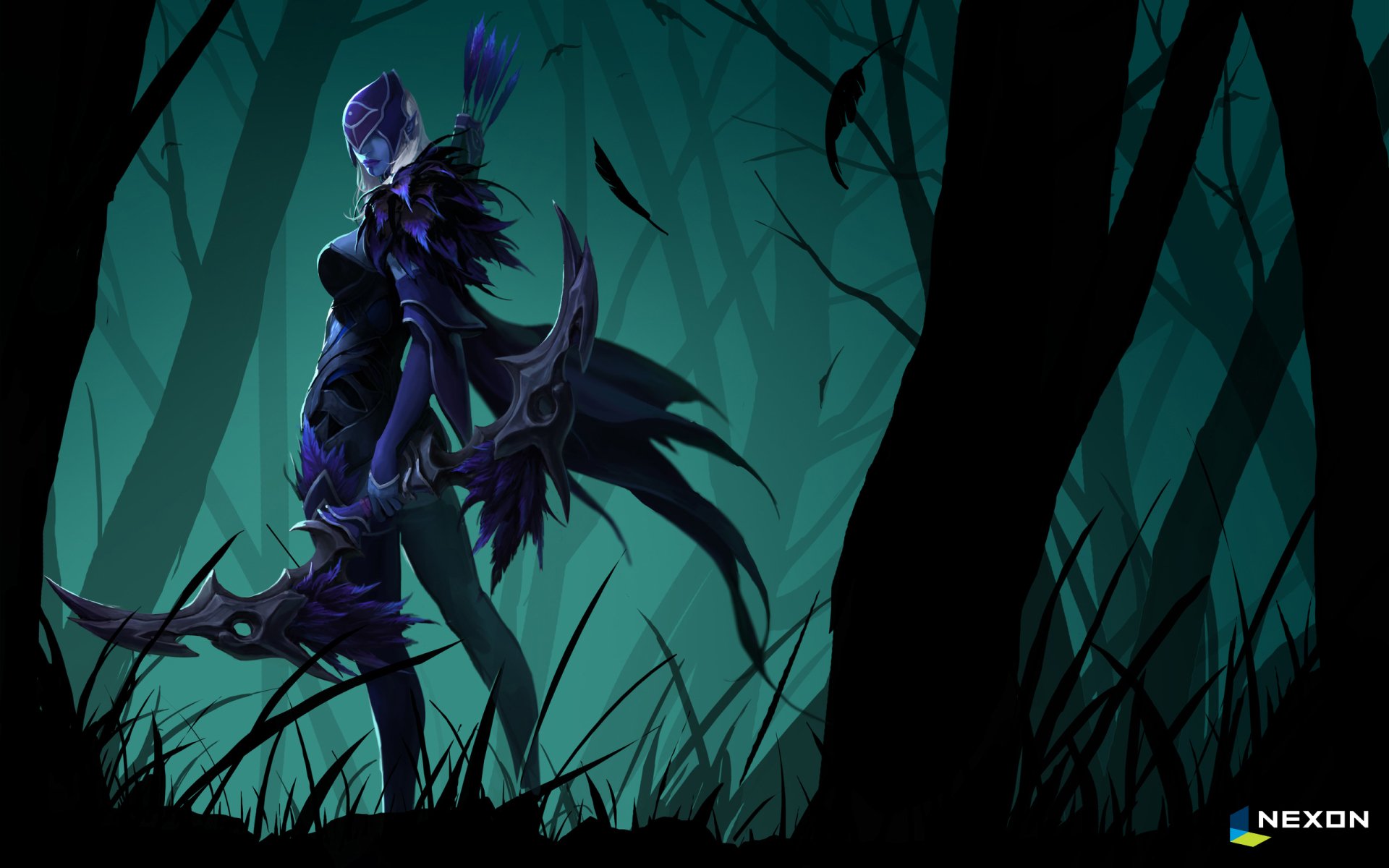 Drow Ranger from DotA 2 stands poised in a dark forest, clutching her intricate bow, embodying the fantasy and intensity of the video game’s atmosphere.