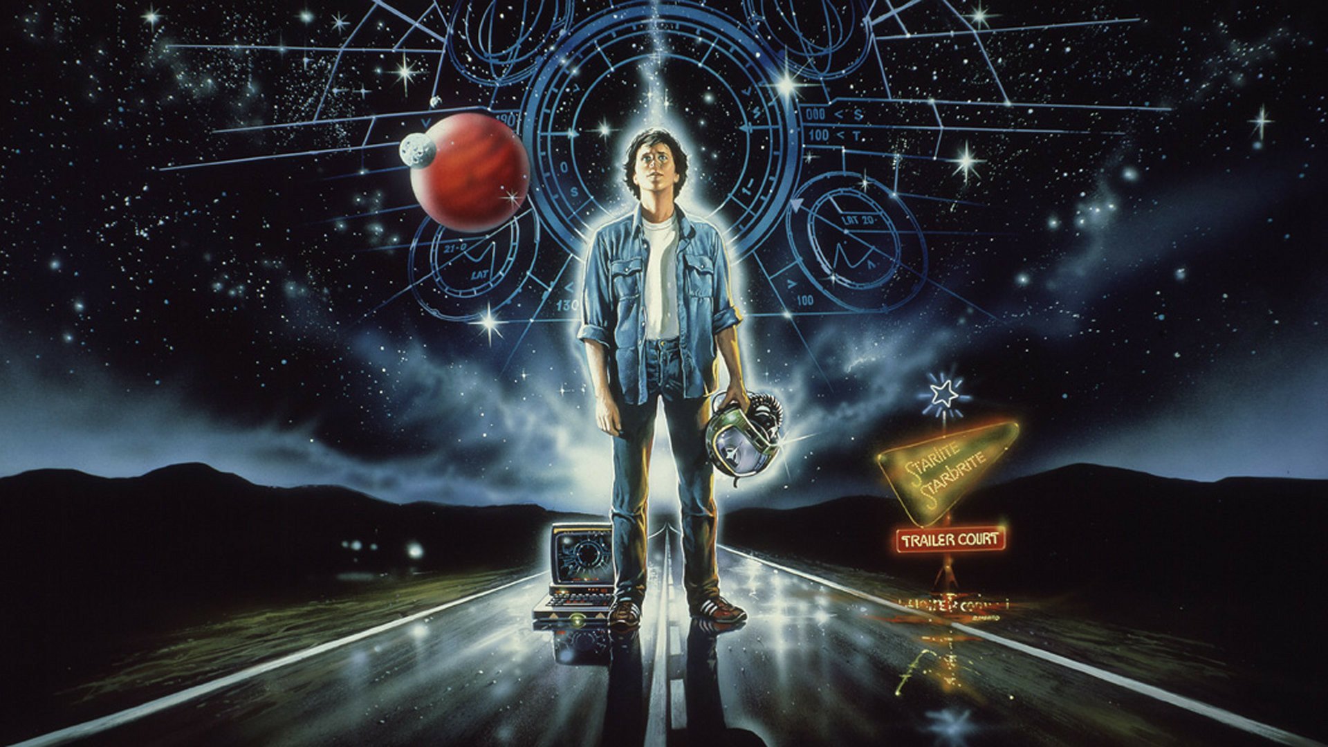 HD PC desktop wallpaper featuring a cosmic scene inspired by The Last Starfighter video game, with a central character standing on a futuristic road under starry skies.