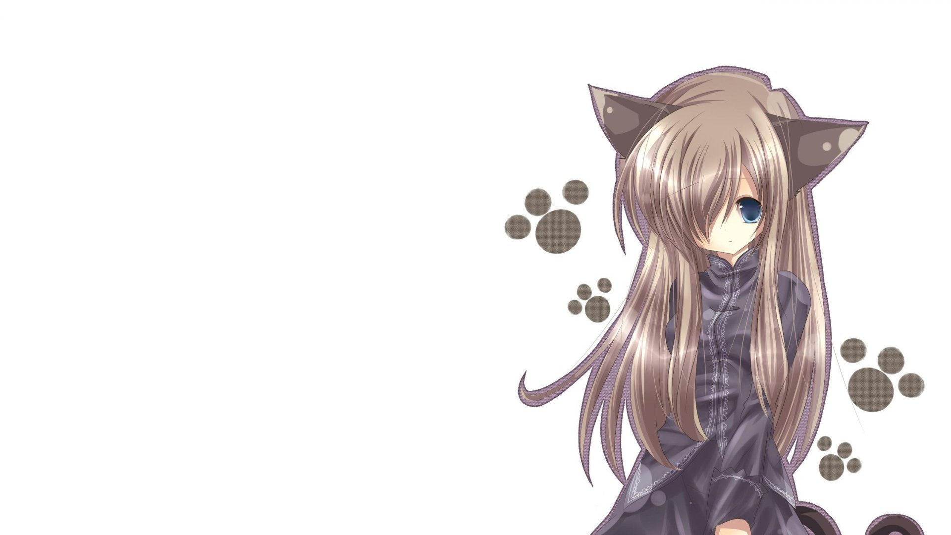 An HD wallpaper featuring an anime girl with long brown hair and cat ears, set against a minimalistic background with paw prints.