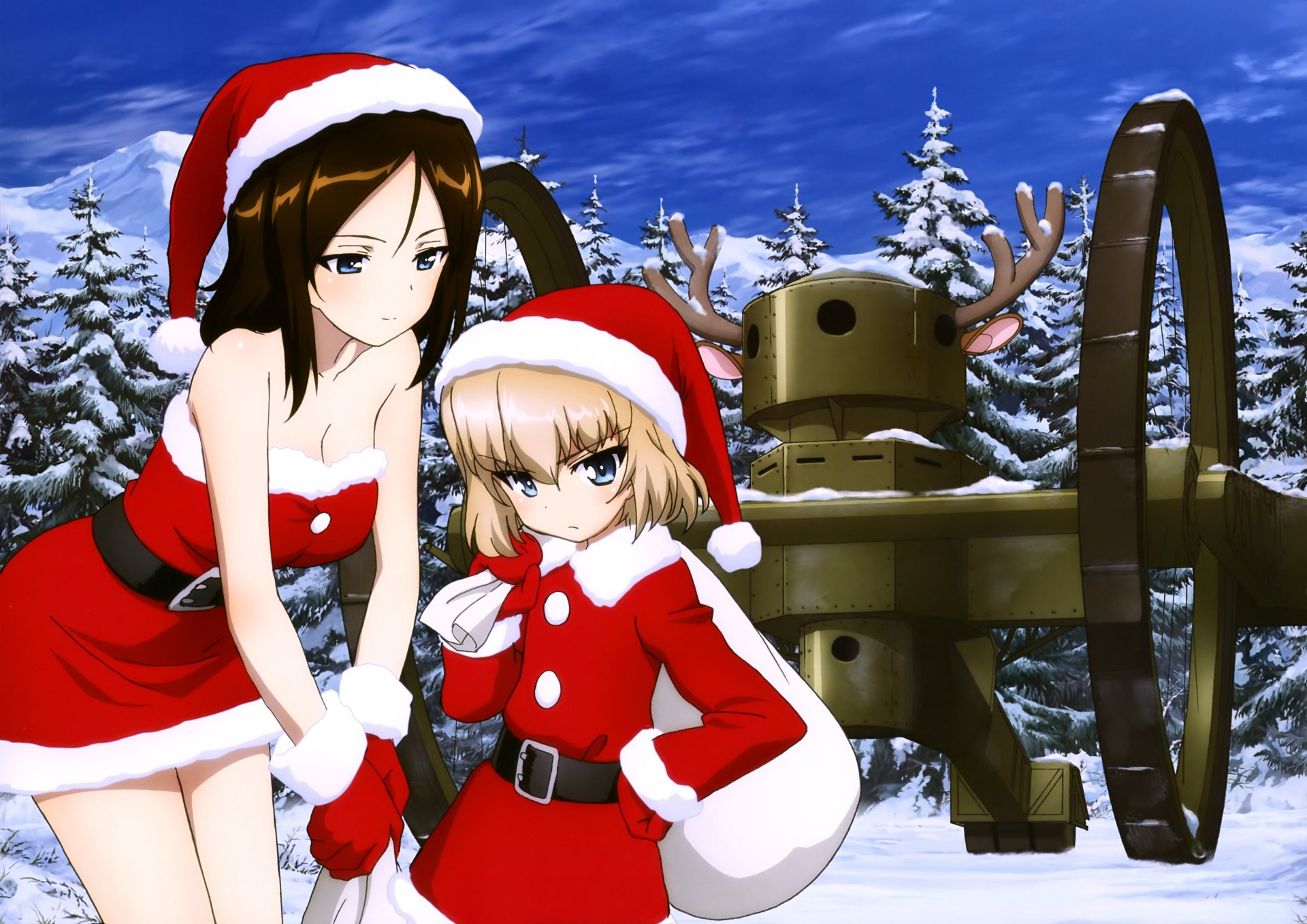 Anime-style Girls und Panzer characters dressed in festive Santa outfits stand in a snowy landscape with a tank adorned with reindeer antlers in this 4K Ultra HD PC wallpaper.