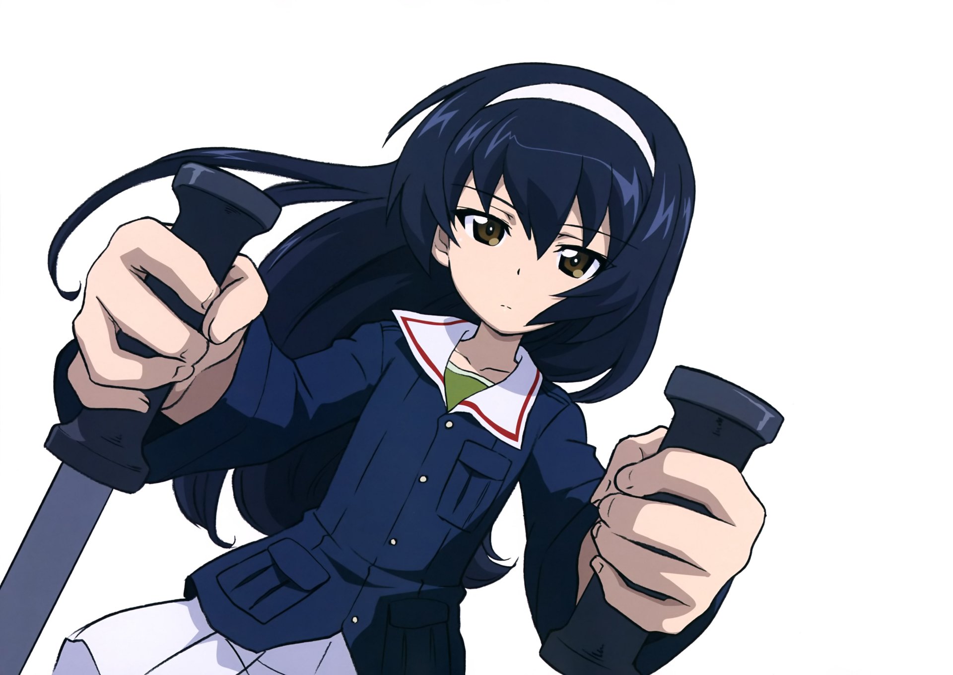 Anime Girls und Panzer 4K Ultra HD PC desktop wallpaper: dark-haired schoolgirl in blue uniform gripping tank controls, determined expression, dynamic low-angle composition on white background.