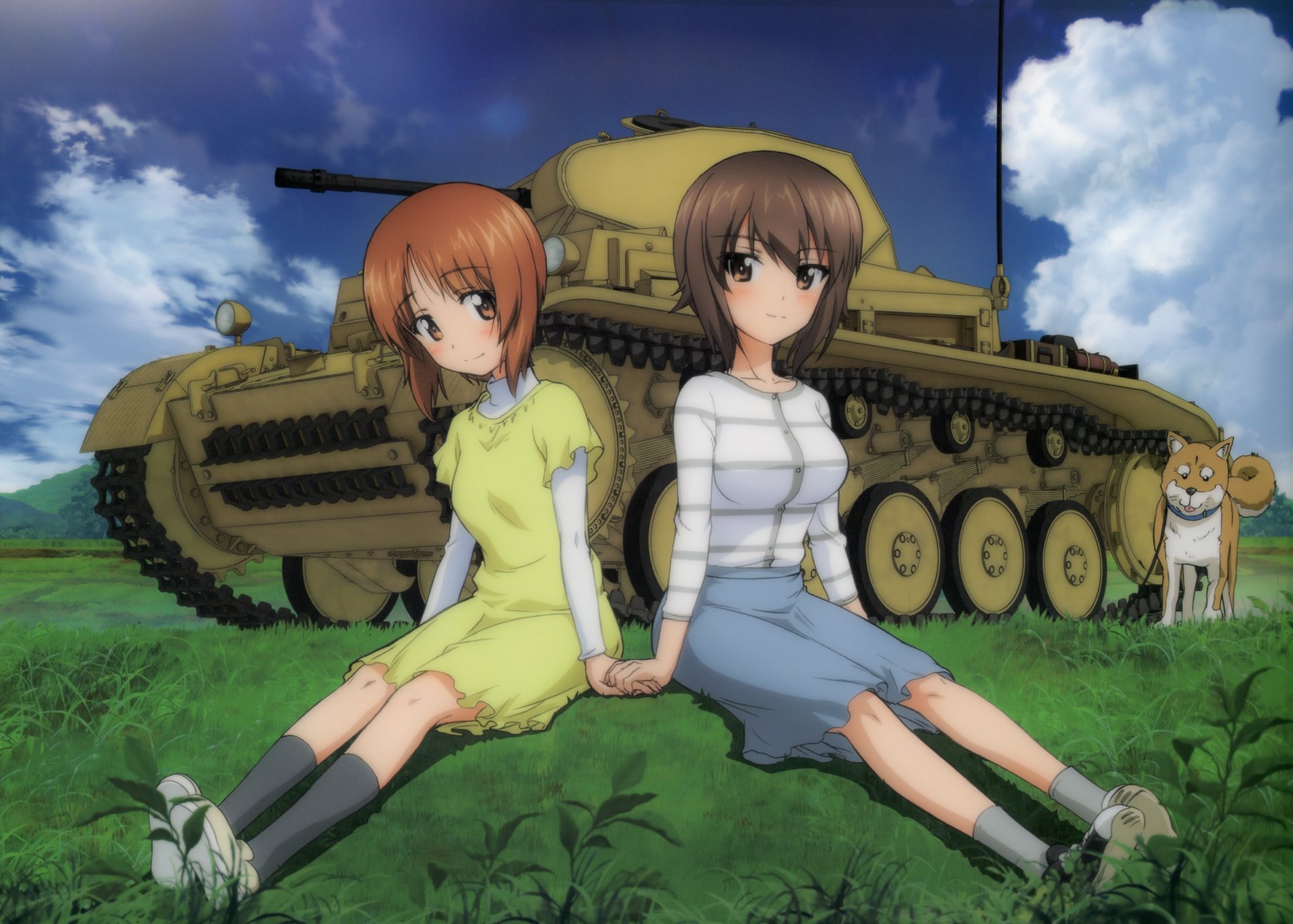 Anime Girls und Panzer HD desktop wallpaper featuring two girls sitting hand-in-hand in front of a detailed tank under a blue sky with clouds, alongside a dog.