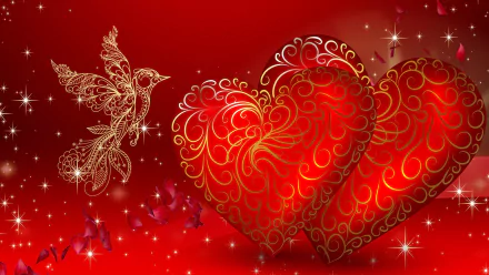 HD PC desktop wallpaper featuring an ornate gold dove and two intricate red hearts on a sparkling red background, celebrating Valentine's Day and the holiday of love.