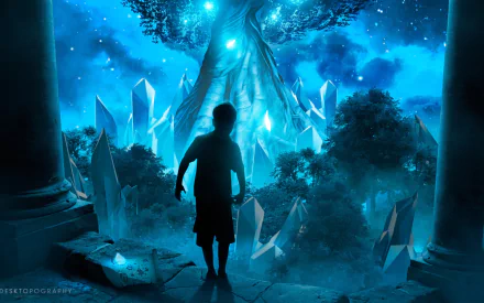 A little boy stands in a glowing blue forest surrounded by crystal formations, evoking a fantasy atmosphere in this HD PC desktop wallpaper.