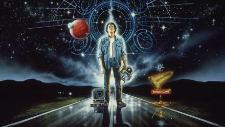 HD PC desktop wallpaper featuring a cosmic scene inspired by The Last Starfighter video game, with a central character standing on a futuristic road under starry skies.