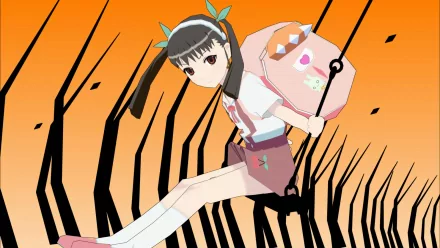 HD PC desktop wallpaper featuring Mayoi Hachikuji from the Monogatari anime series, depicted sitting on a swing against a stylized orange and black background.