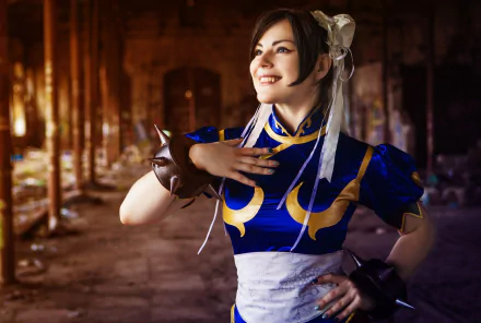 Chun-Li from Street Fighter, showcased in vibrant cosplay. The HD wallpaper captures her iconic outfit and confident pose in an atmospheric setting.