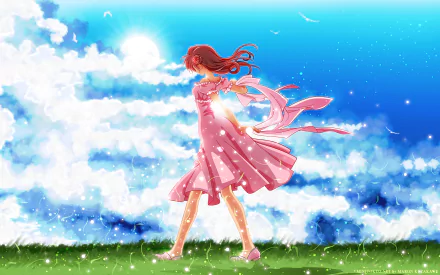 HD anime wallpaper featuring Maron Kusakabe from Kamikaze Kaitou Jeanne, standing barefoot on grass under a bright blue sky with flowing ribbons and sparkling light effects.