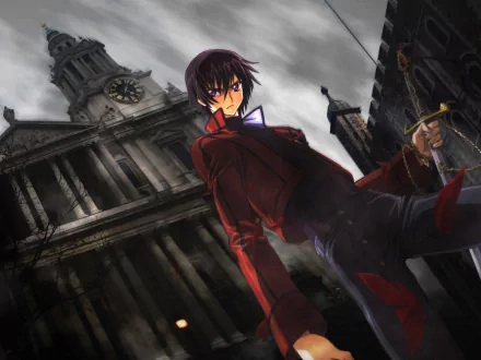 HD desktop wallpaper featuring Lelouch Lamperouge from the anime Code Geass, standing in front of a grand, shadowy building with a clock tower, exuding a dramatic, intense atmosphere.