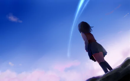 A serene HD wallpaper featuring Mitsuha Miyamizu from Your Name, gazing upwards at a luminous comet against a bright blue sky.