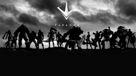 HD PC desktop wallpaper featuring silhouetted characters from the video game Paragon against a dramatic cloudy sky background with the Paragon logo above.