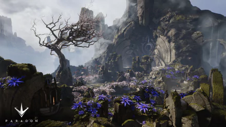 HD PC desktop wallpaper featuring a detailed, rocky landscape with a twisted tree and vibrant purple flowers, inspired by the video game Paragon.