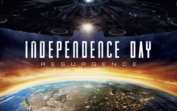 HD PC desktop wallpaper of the movie Independence Day: Resurgence features a massive alien spaceship looming over Earth with the film’s title displayed prominently.