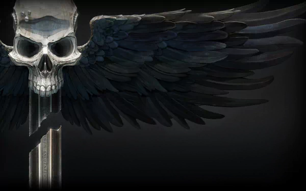 A dark-themed HD desktop wallpaper featuring a skull with large black wings, set against a shadowy background. Ideal for fans of gothic and dramatic imagery.