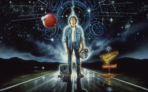 HD PC desktop wallpaper featuring a cosmic scene inspired by The Last Starfighter video game, with a central character standing on a futuristic road under starry skies.
