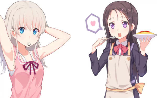 HD wallpaper featuring Ayumi Otosaka and Nao Tomori from the anime Charlotte. Ayumi expresses surprise, while Nao enjoys a plate of food, creating a vibrant scene.