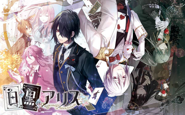 Anime HD PC wallpaper: Shiro to Kuro no Alice — dark-haired protagonist in a suit and an inverted white-haired counterpart, cards and roses over a split light/dark background.