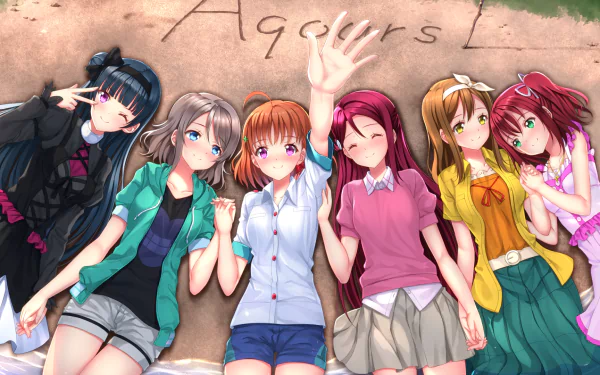 HD desktop wallpaper featuring Hanamaru Kunikida, Ruby Kurosawa, Riko Sakurauchi, Chika Takami, You Watanabe, and Yoshiko Tsushima from the anime Love Live! Sunshine!!.