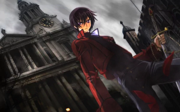 HD desktop wallpaper featuring Lelouch Lamperouge from the anime Code Geass, standing in front of a grand, shadowy building with a clock tower, exuding a dramatic, intense atmosphere.