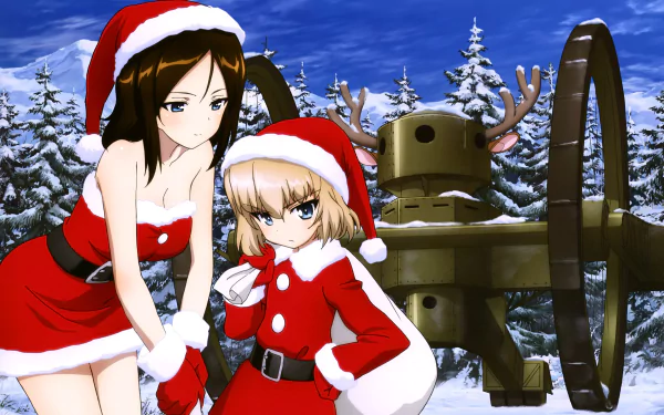 Anime-style Girls und Panzer characters dressed in festive Santa outfits stand in a snowy landscape with a tank adorned with reindeer antlers in this 4K Ultra HD PC wallpaper.