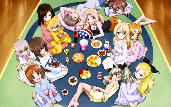 Anime-style Girls und Panzer characters relaxing together around a table with snacks, depicted in vibrant colors as a 4K Ultra HD PC desktop wallpaper.