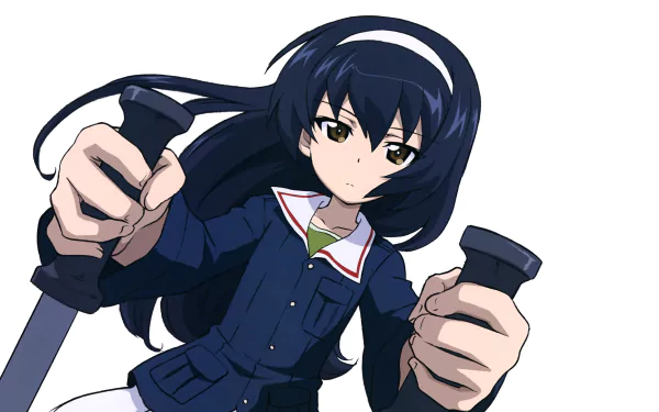 Anime Girls und Panzer 4K Ultra HD PC desktop wallpaper: dark-haired schoolgirl in blue uniform gripping tank controls, determined expression, dynamic low-angle composition on white background.