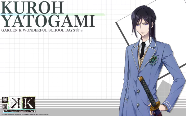 HD PC desktop wallpaper featuring Kuroh Yatogami from the anime K Project, dressed in a blue school uniform with a sword at his side.