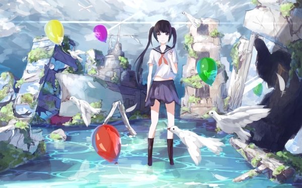 Anime Girl Ruin Water Balloon Bird Twintails School Uniform HD Wallpaper | Background Image