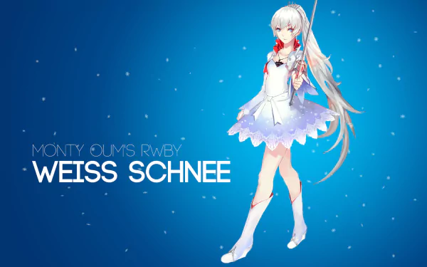 A vibrant HD wallpaper featuring Weiss Schnee from the anime RWBY, showcasing her in a dynamic pose against a blue background with a sparkly effect.