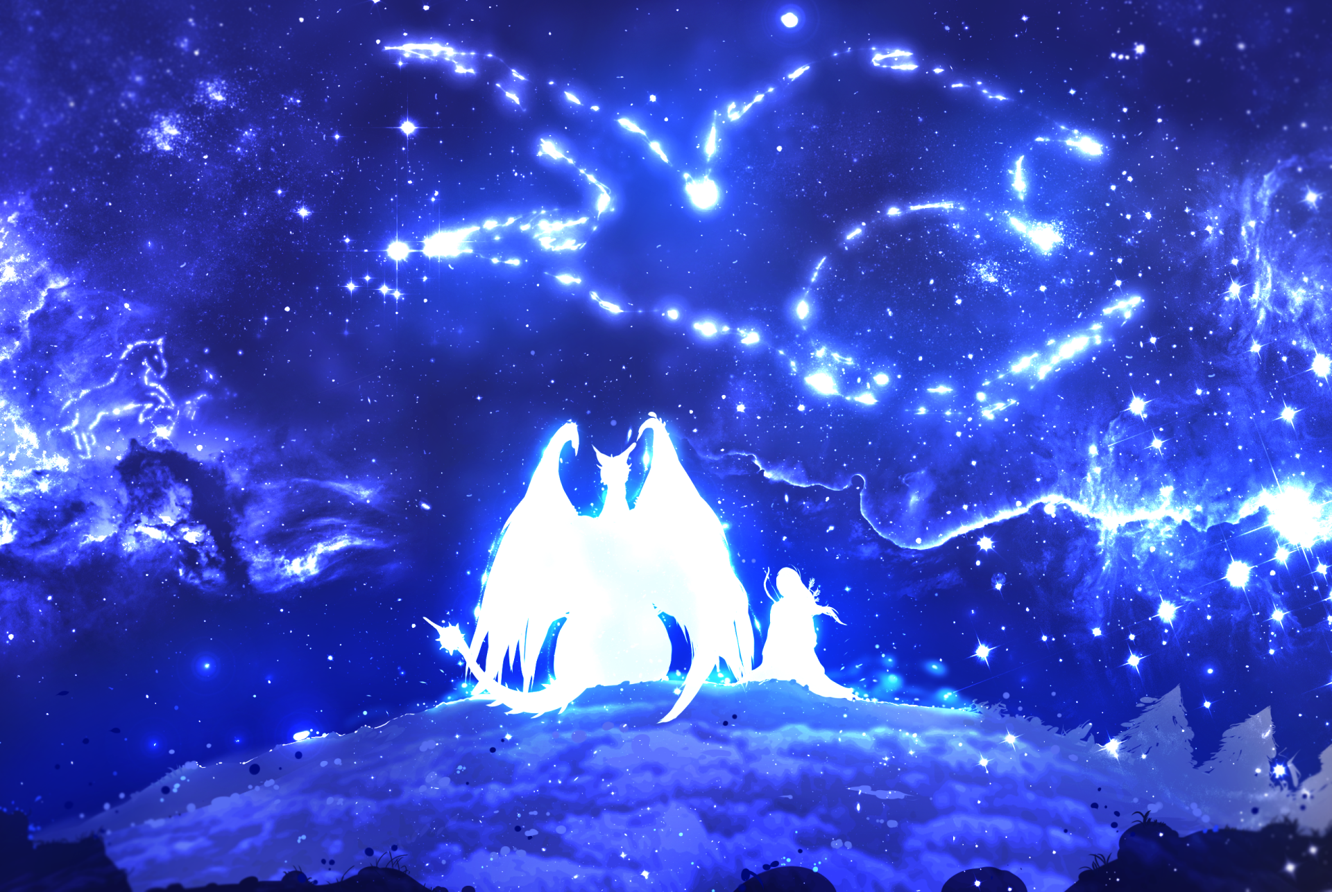 A captivating fantasy scene featuring a glowing dragon under a starry night sky, set against a cosmic backdrop. This HD wallpaper immerses viewers in a world of magic and wonder.