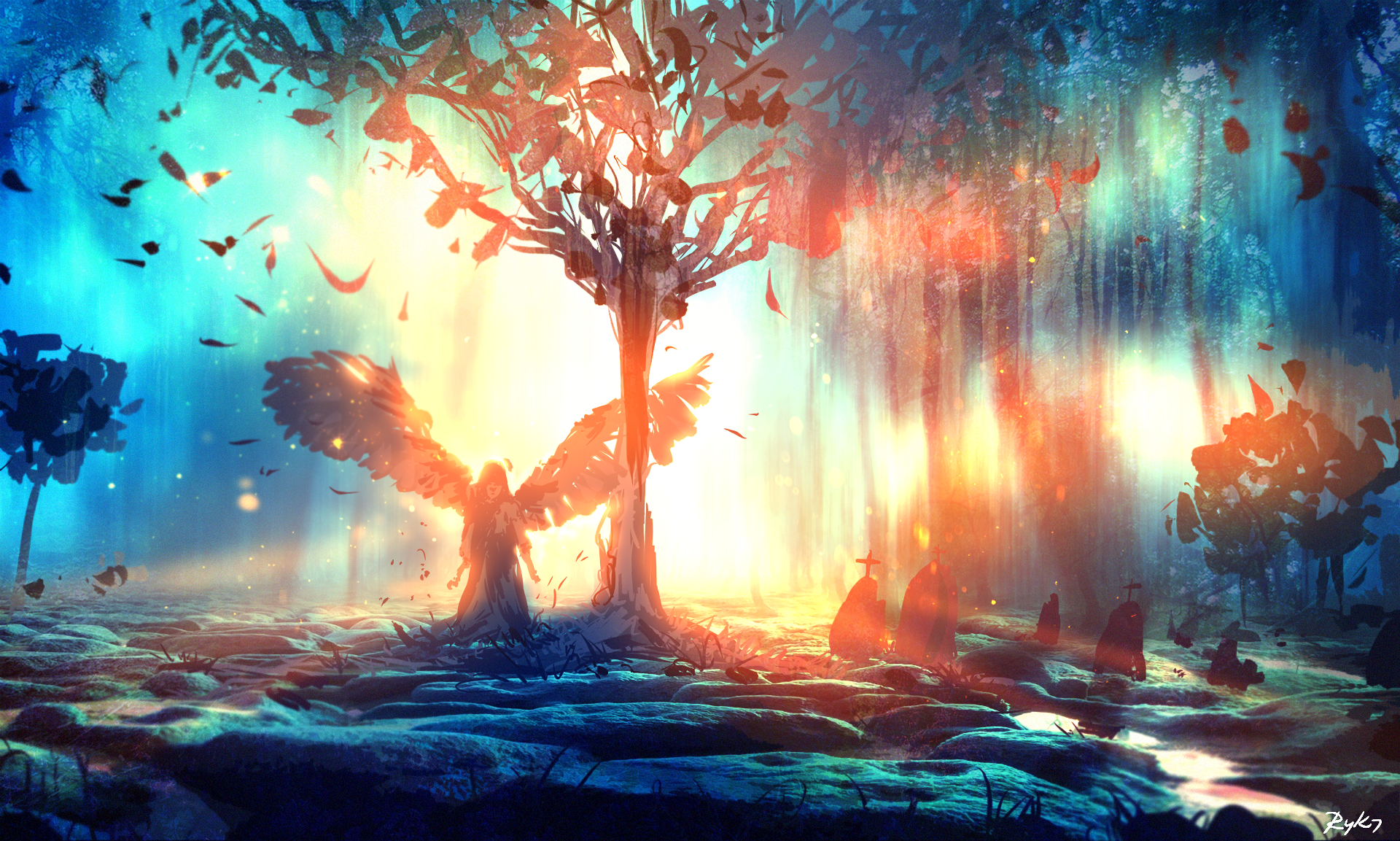 A captivating fantasy scene featuring an angel with large wings standing before a glowing tree, surrounded by a vibrant forest illuminated by ethereal light. HD desktop wallpaper.