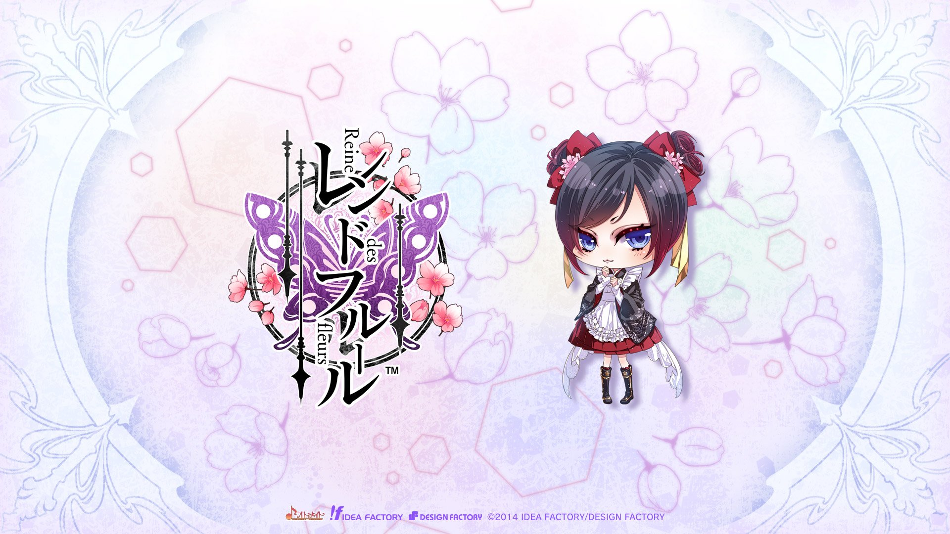 HD PC desktop wallpaper — chibi anime Reine des Fleurs girl in gothic-lolita outfit, surrounded by blossoms and decorative logo on a pastel floral background.