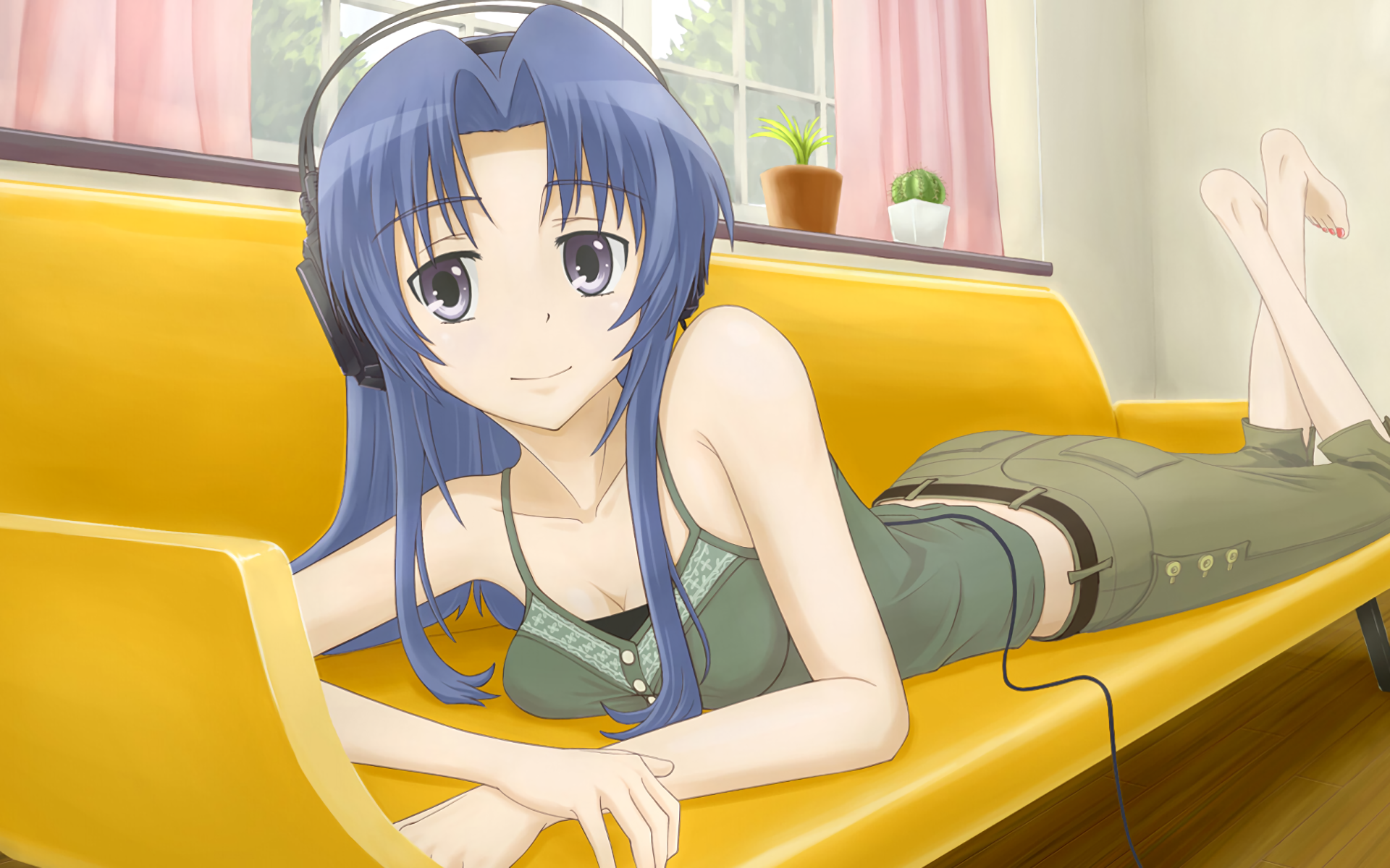 Ami Kawashima (Toradora!) reclining on a yellow sofa in a green outfit, blue hair and a gentle smile by a sunlit window — HD anime PC desktop wallpaper/background.